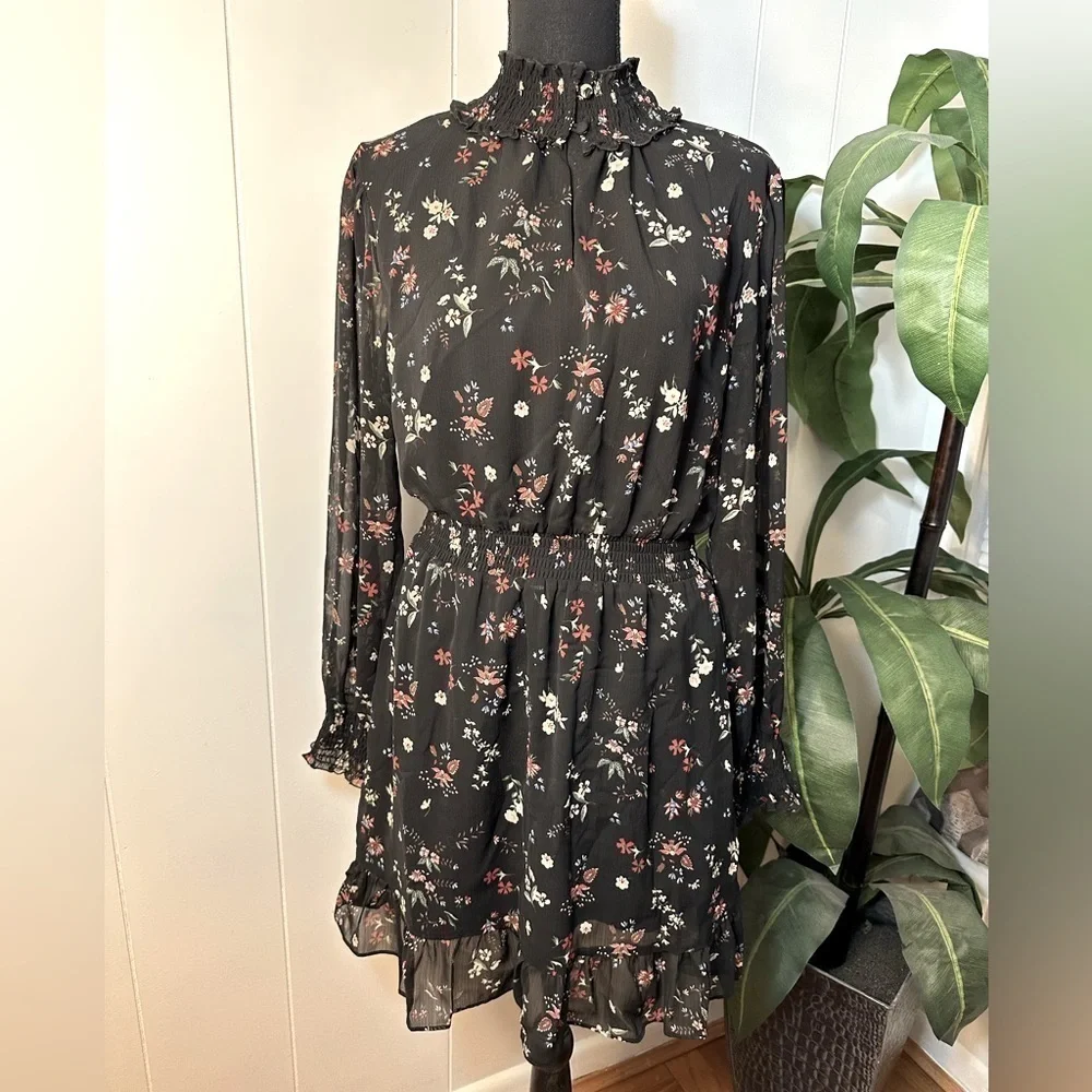Sanctuary Smocked Black Floral Midi Dress, Women’s Size Small